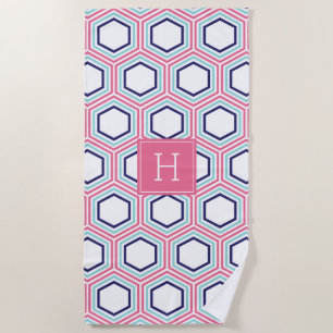 Serviette De Plage Motif et monogramme géométrique rose et bleu