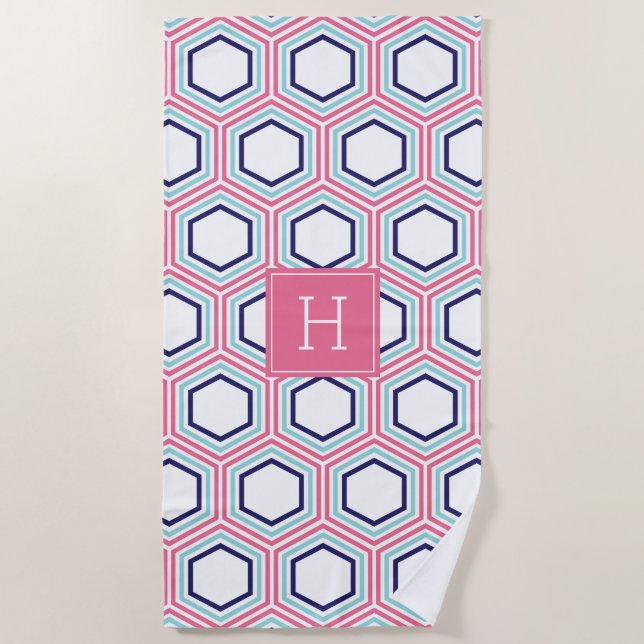 Serviette De Plage Motif et monogramme géométrique rose et bleu (Devant)