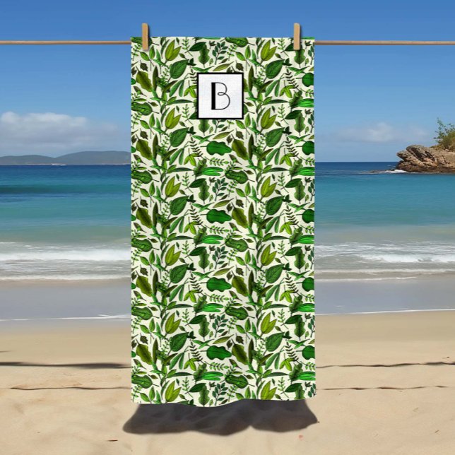 Serviette De Plage Motif Feuille de la Botanique Verte Monogramme (Monogrammed Botanical Green Leaves Pattern Beach Towel)
