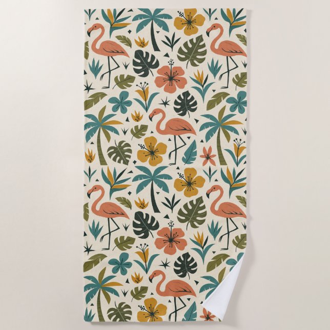 Serviette De Plage Motif Flamant Tropical et Palmier (Devant)