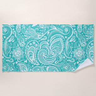 Serviette De Plage Motif Floral Blanc Et Turquoise