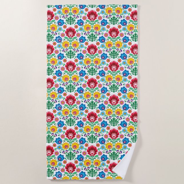 Serviette De Plage Motif floral d'art populaire de coeur (Devant)