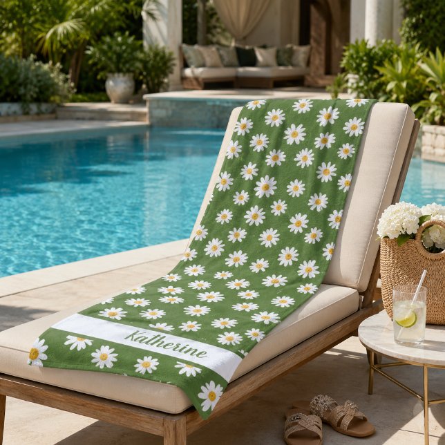 Serviette De Plage Motif floral de marguerite boho vert Nom  (Créateur téléchargé)