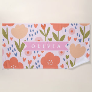 Serviette De Plage Motif floral folklorique mignon nordique rose pers