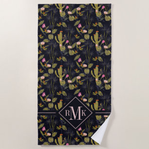 Serviette De Plage Motif foncé de cactus de nuit d'été du monogramme
