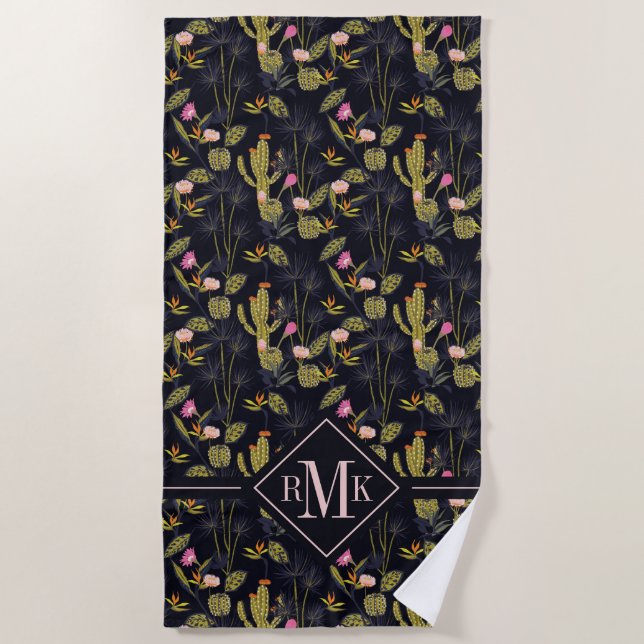 Serviette De Plage Motif foncé de cactus de nuit d'été du monogramme (Devant)