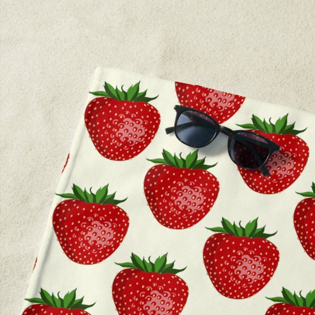 Serviette De Plage Motif Fraise, Fraises Rouges, Fruit, Feuille (En situation)