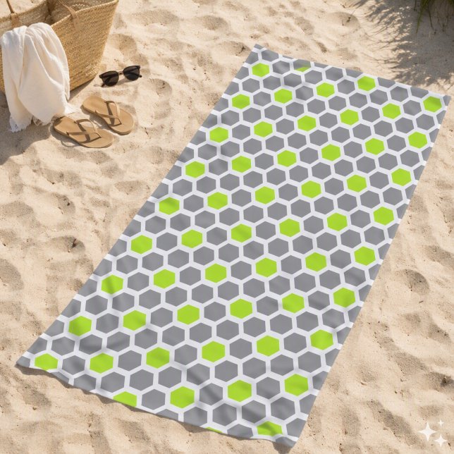 Serviette De Plage Motif géométrique hexagonal gris vert citron moder (Créateur téléchargé)
