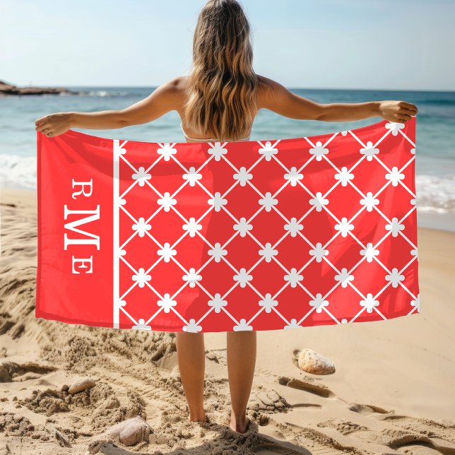 Serviette De Plage Motif géométrique rouge monogramme | modifiable (Créateur téléchargé)