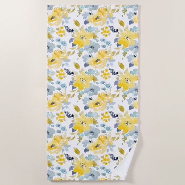 Serviette De Plage Motif jaune et bleu d'aquarelle (Devant)