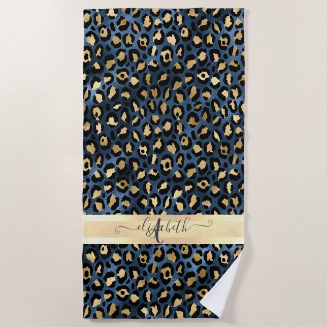 Serviette De Plage Motif léopard bleu or monogramme (Devant)