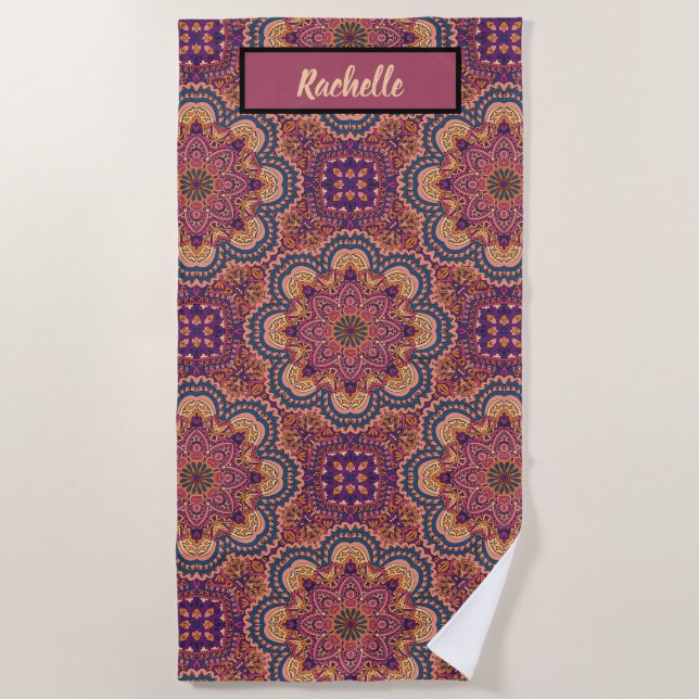 Serviette De Plage Motif Mandala couleur terre Monogramme (Devant)