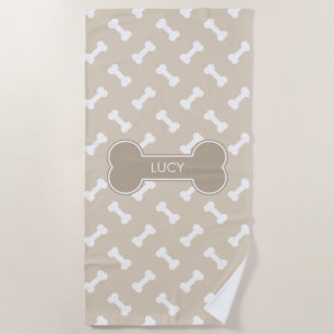 Serviette De Plage Motif Os de Chien Beige et Blanc Avec Nom Personna