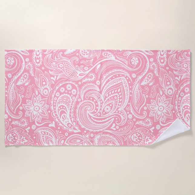 Serviette De Plage Motif Paisley Blanche Et Rose (Devant)