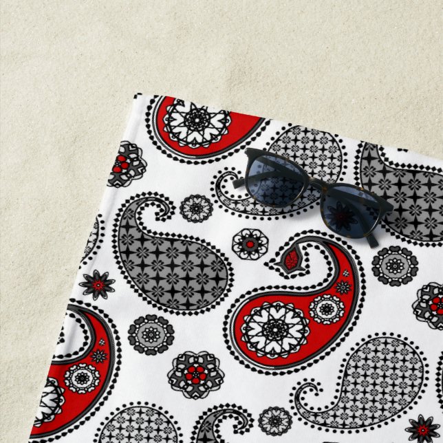 Serviette De Plage Motif Paisley, noir, blanc et rouge (En situation)