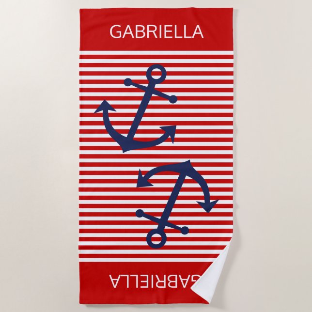 Serviette De Plage Motif personnalisé rayures blanches rouge vif prép (Devant)