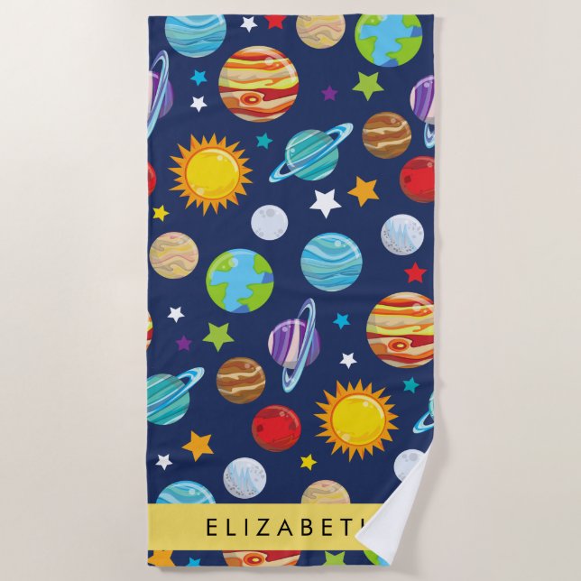Serviette De Plage Motif, Planètes, Étoiles, Cosmos, Votre Nom (Devant)