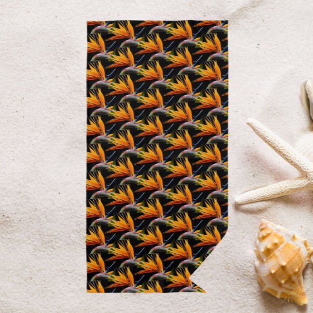 Serviette De Plage Motif Plante Orange Bird of Paradise sur Noir (In Situ)