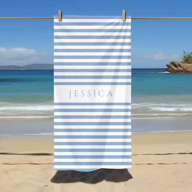 Serviette De Plage Motif rayé bleu moderne (Personalized Modern Blue Striped Pattern Beach Towel.)