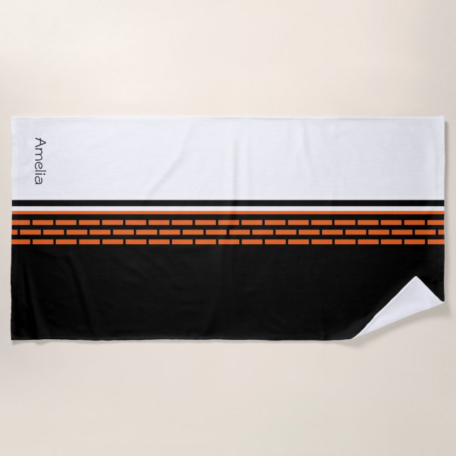 Serviette De Plage Motif rayé noir blanc orange Monogram (Devant)