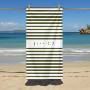 Serviette De Plage Motif rayé vert olive moderne personnalisé