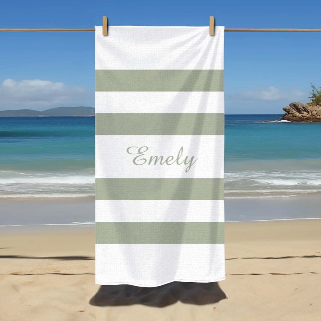 Serviette De Plage Motif rayé vert sauge moderne  (Modern Sage Green Striped Pattern Beach Towel)