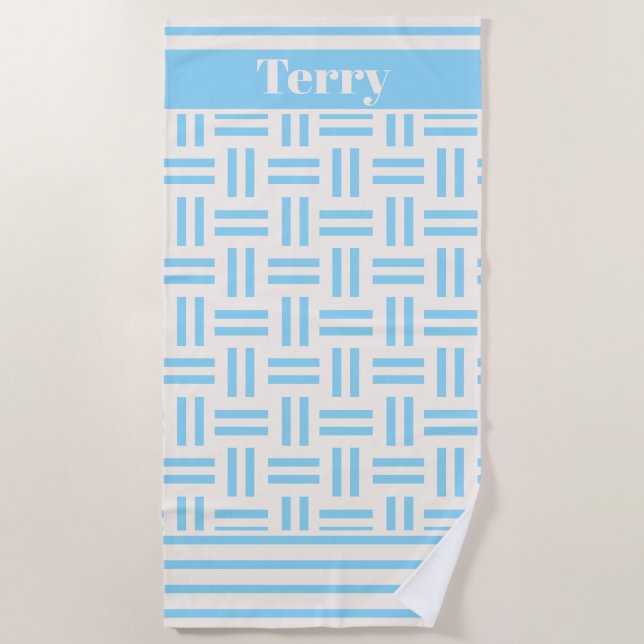 Serviette De Plage Motif Rayures Bleues Monogramme Nom (Devant)