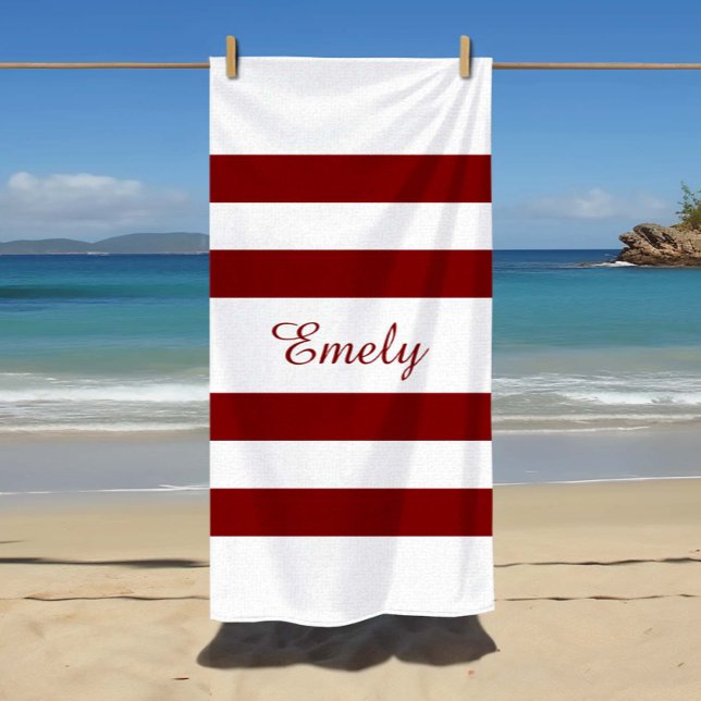 Serviette De Plage Motif rayures bordeaux élégant moderne Nom (Modern Elegant Burgundy  Stripes Pattern Name Beach Towel)