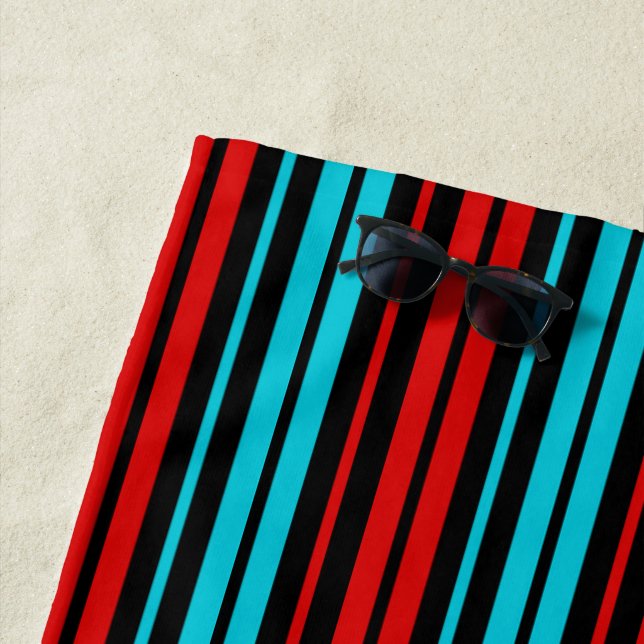 Serviette De Plage Motif rayures rouges bleues noires   (En situation)