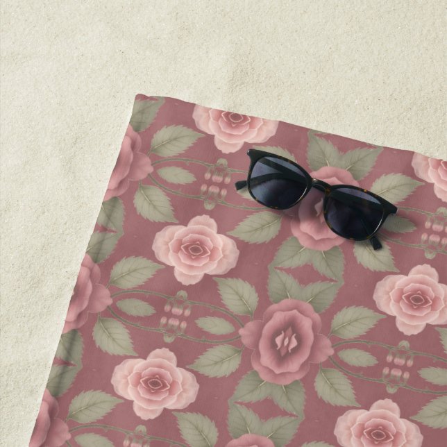 Serviette De Plage Motif Rose Et Bourgogne (En situation)