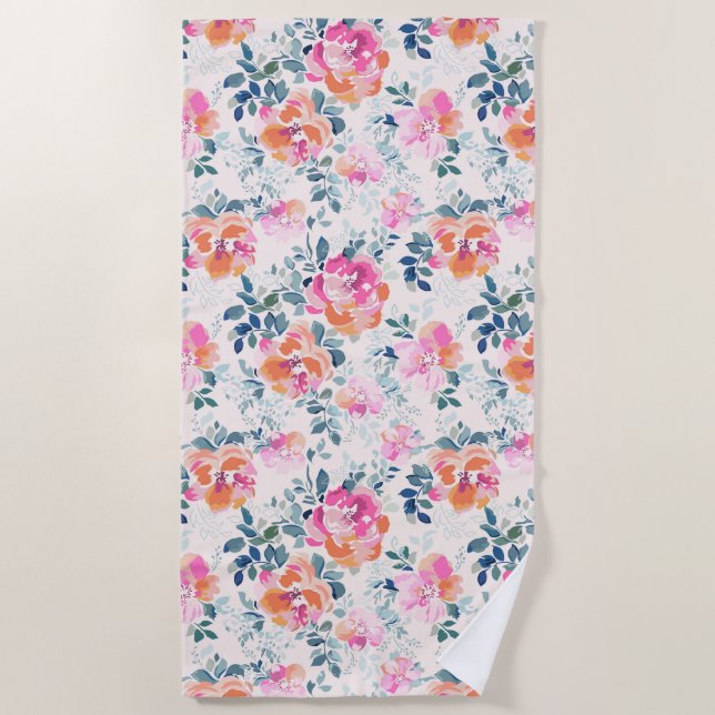 Serviette De Plage Motif rose et Turquoise (Devant)