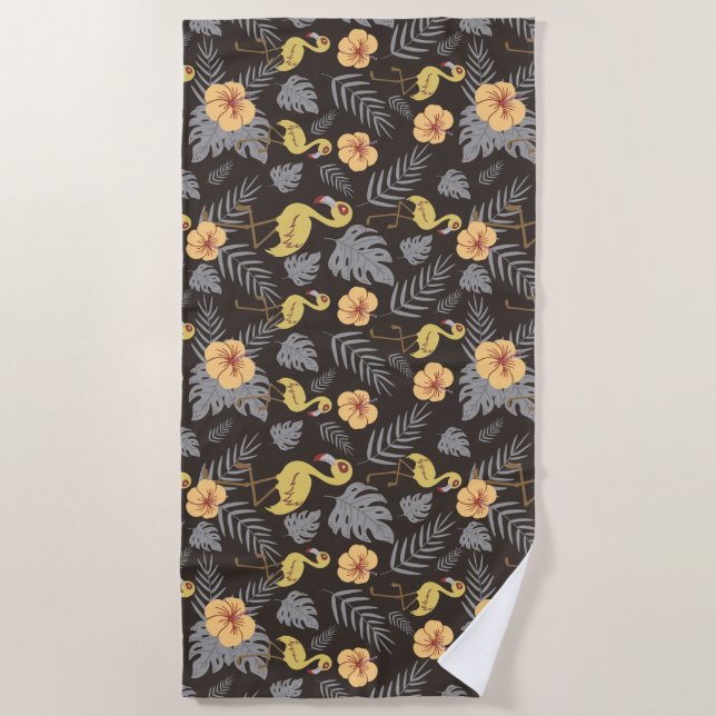 Serviette De Plage motif sans couture Flamant rose avec fleurs et feu (Devant)