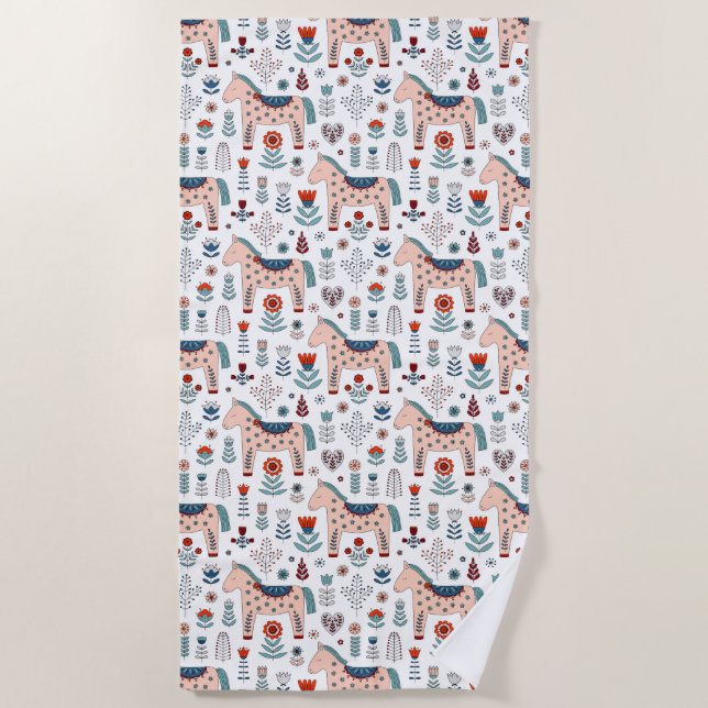 Serviette De Plage Motif scandinave d'art populaire de cheval (Devant)