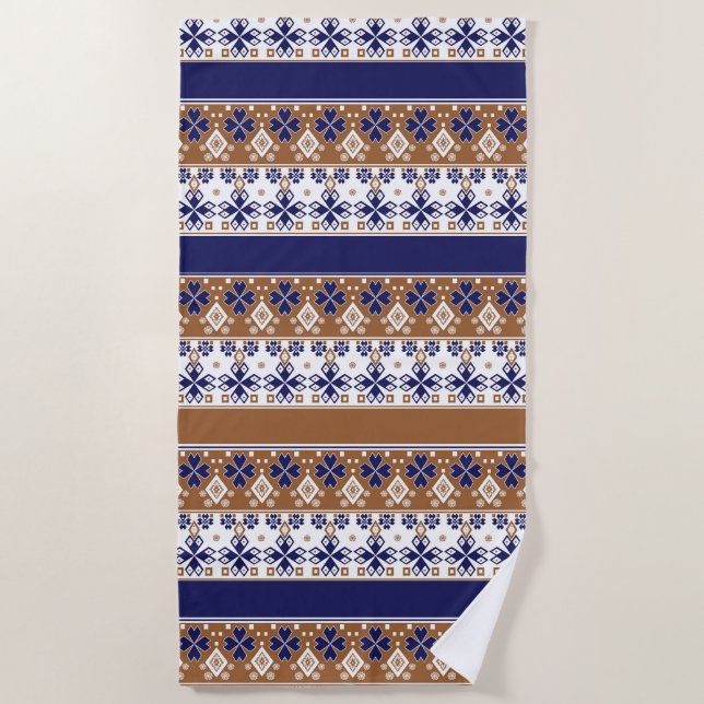 Serviette De Plage Motif scandinave rayé brun bleu (Devant)