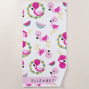 Serviette De Plage Motif tropical, Flamants roses, Fleurs, Votre Nom
