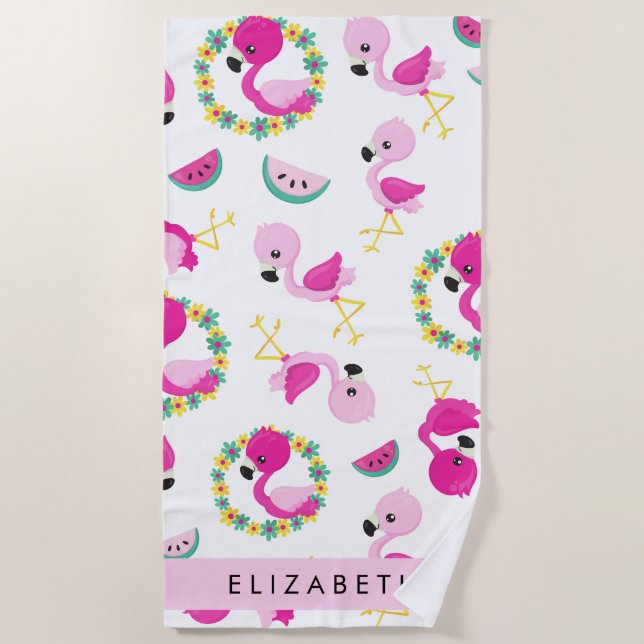 Serviette De Plage Motif tropical, Flamants roses, Fleurs, Votre Nom (Devant)
