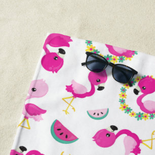 Serviette De Plage Motif tropical, Flamants roses, pastèques, Fleurs