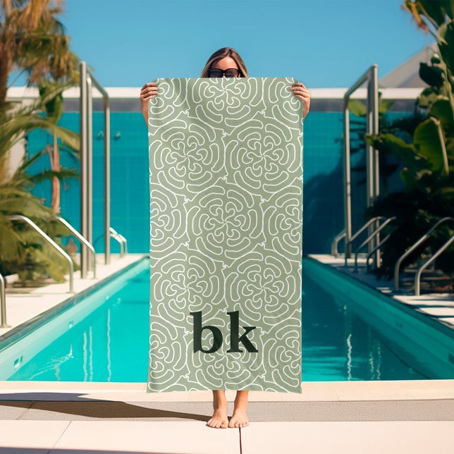 Serviette De Plage Motif vert sauge moderne monogrammé (sage green pattern beach towel with monogram)