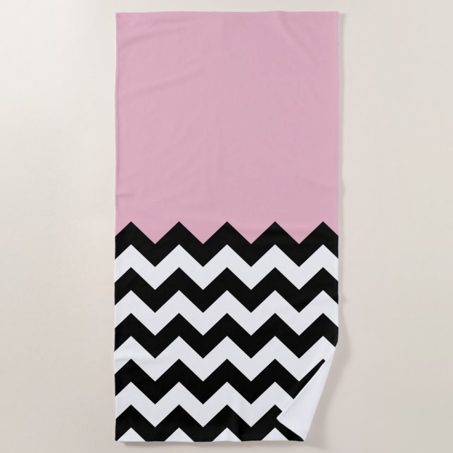 Serviette De Plage Motif Zigzag noir et blanc, Chevron, rose (Devant)