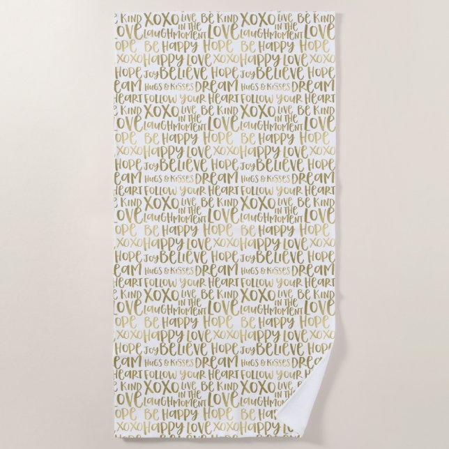 Serviette De Plage Mots d'inspiration or et blanc (Devant)