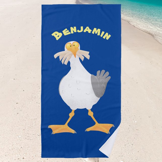 Serviette De Plage Mouette drôle avec frites dessin animé (Have fun in the sun with this cartoon seagull beach towel.)
