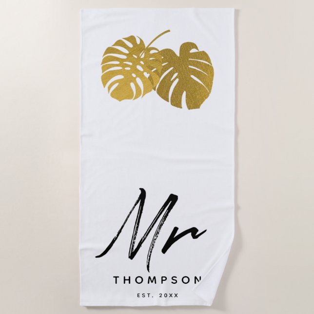 Serviette De Plage Mr Modern Gold Monstera Feuille Tropical Script Be (Devant)