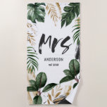 Serviette de plage Mrs feuille tropicale & typogra<br><div class="desc">Mrs écriture moderne typographie et feuille tropicale. Avec espace pour le nom.</div>