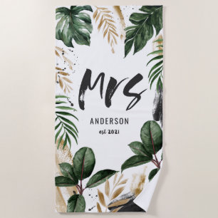 Serviette de plage Mrs feuille tropicale & typogra