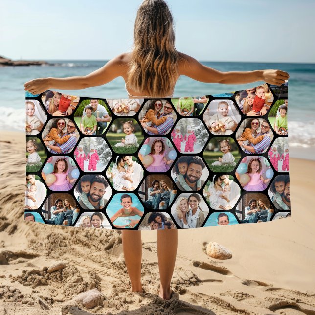 Serviette De Plage Multi Photo Collage Simple Moderne Hexagon Motif (Créateur téléchargé)