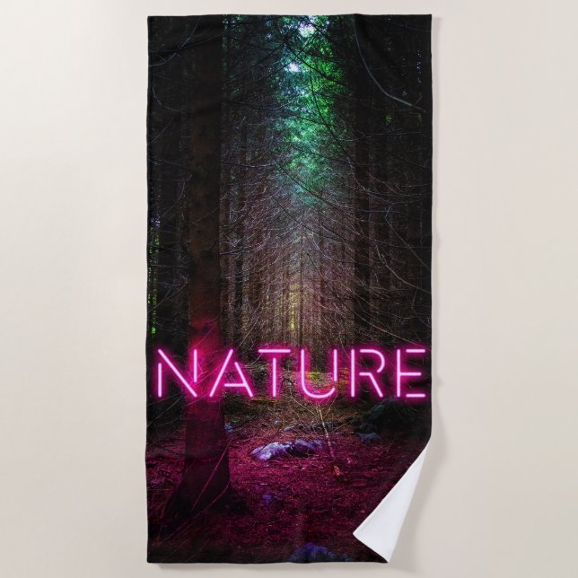 Serviette De Plage Mystère forêt d'épinette nature néon magenta signe (Devant)