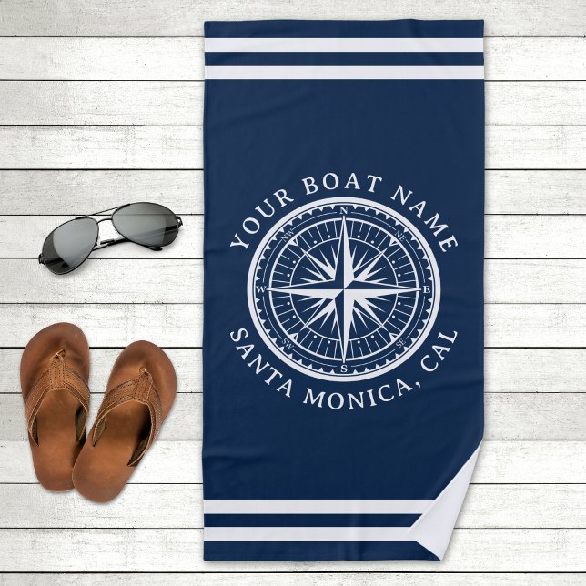 Serviette De Plage Name of your boat Nautical Compass Navy blue (Créateur téléchargé)