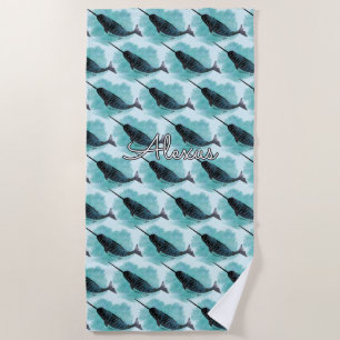 Serviette De Plage Narwhal sur Turquoise Aquarelle Coeur Personnalisé
