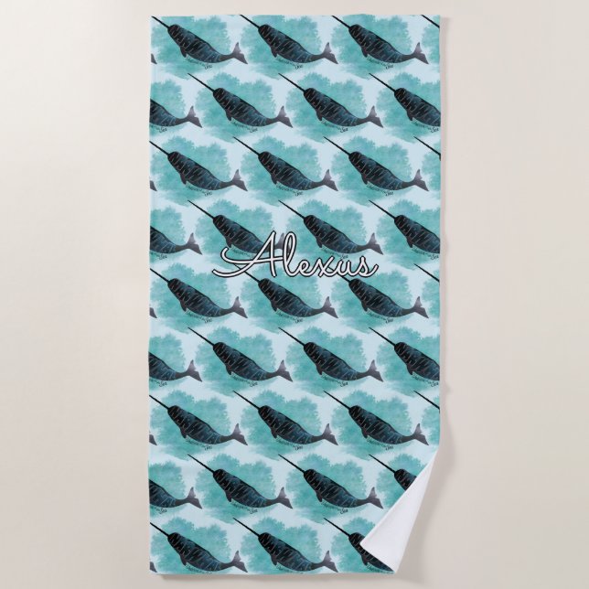 Serviette De Plage Narwhal sur Turquoise Aquarelle Coeur Personnalisé (Devant)