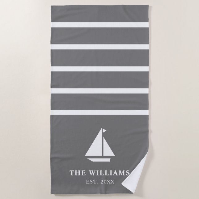 Serviette De Plage Nautical Boat Grey Stried Ajouter le nom Texte (Devant)